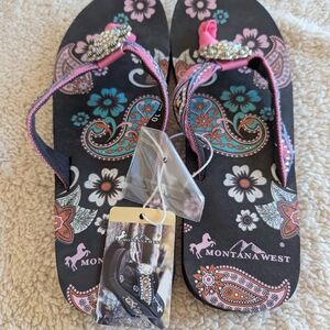 Montana West Embroidered Flip Flops in Black with Pink Accents Size 10